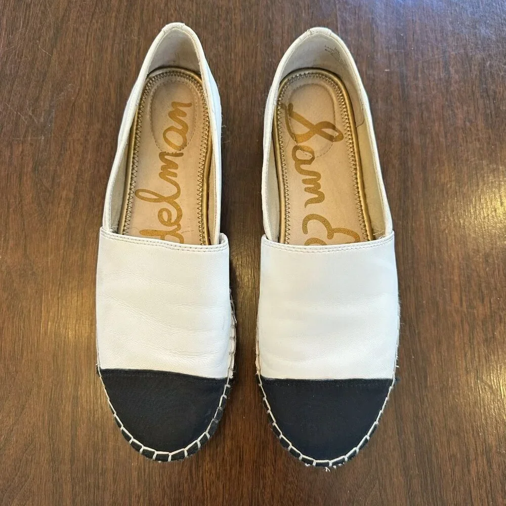 Sam & Libby White Leather Black Canvas Cap Toe Espadrille Flats Size 10